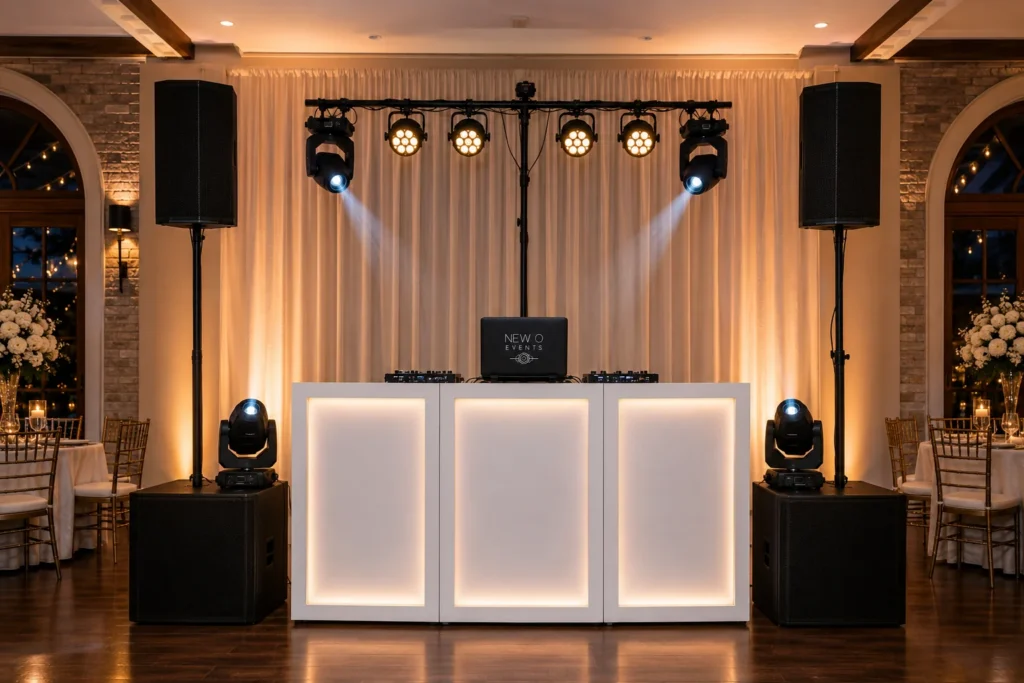 Illuminated DJ booth with speakers and overhead lighting