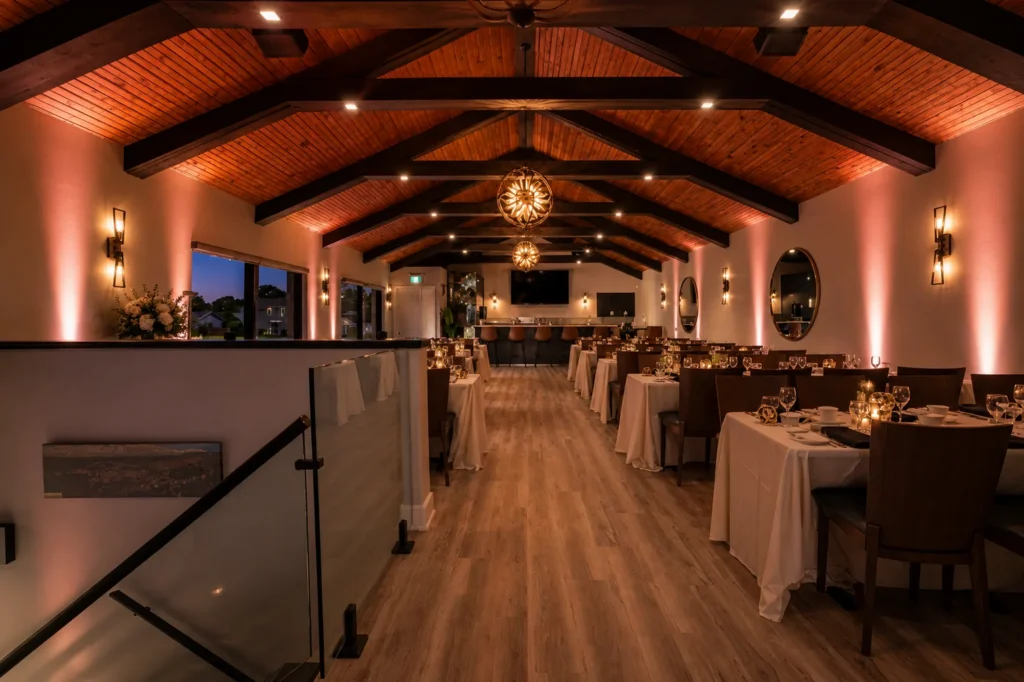 Reception room with a timber ceiling and warm lighting
